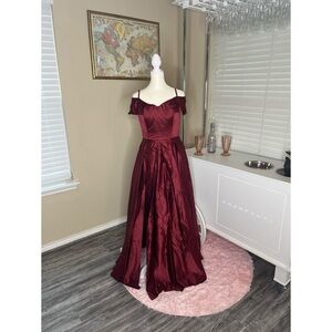 Off The Shoulder Satin Dress with Pockets A-Line Long Slit
